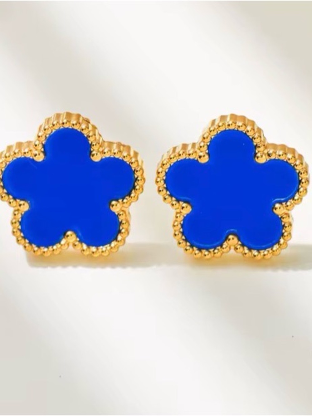 Blue Flower Clover-Shaped Gold Trim Stud Earrings